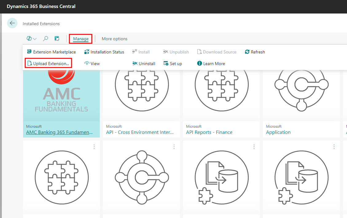 Extension Management page in Business Central, used to upload the bc2adls extension