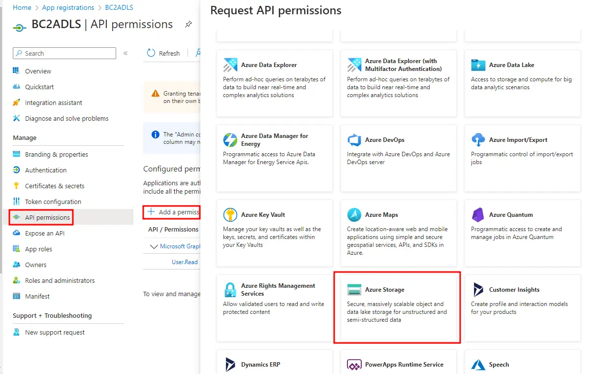 Adding the Azure Storage API permission to the bc2adls app in Microsoft Entra