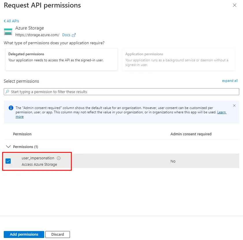 Selecting the user_impersonation delegated permission for Azure Storage