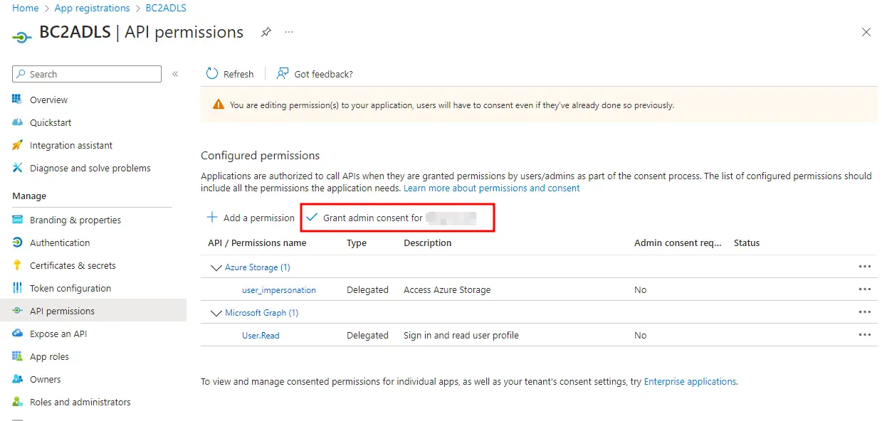 Granting admin consent for the bc2adls app API permissions