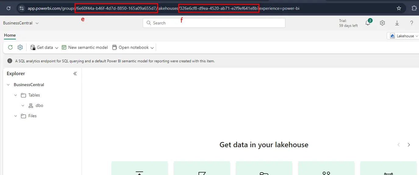 Microsoft Fabric lakehouse URL showing the workspace ID and lakehouse ID