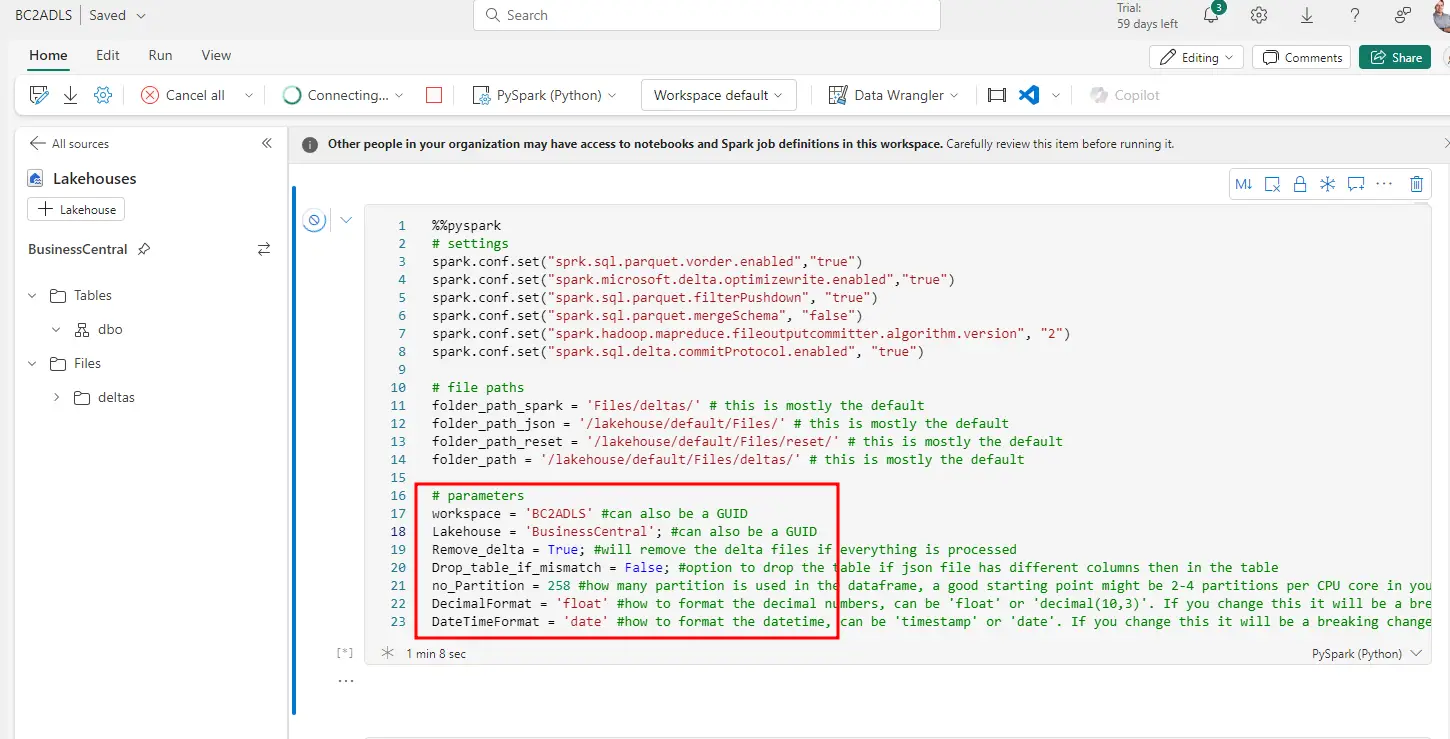 bc2adls CopyBusinessCentral notebook in Microsoft Fabric with the workspace and lakehouse parameters