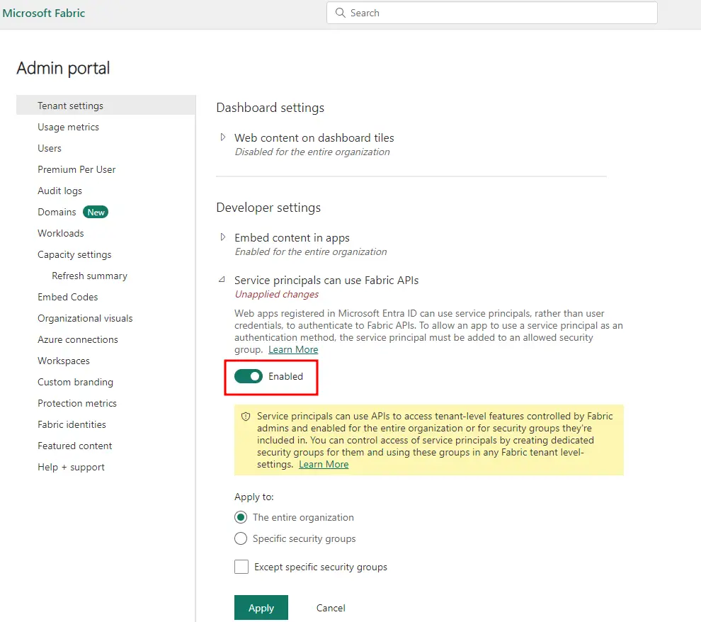 Fabric admin portal tenant setting allowing service principals to use Fabric APIs