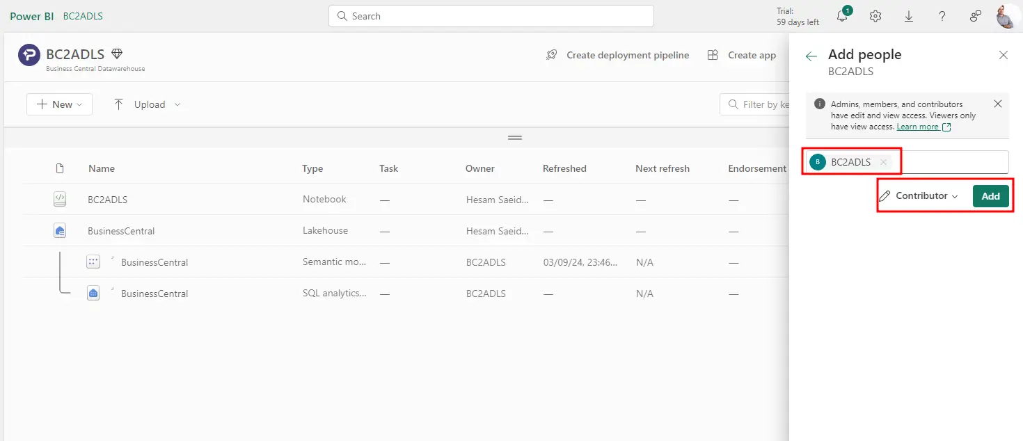 Adding the bc2adls service principal to the Microsoft Fabric workspace