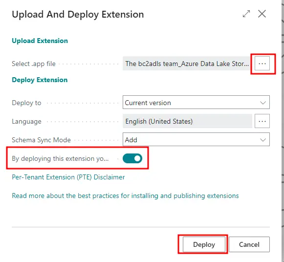 Upload Extension dialog in Business Central with the bc2adls app file selected