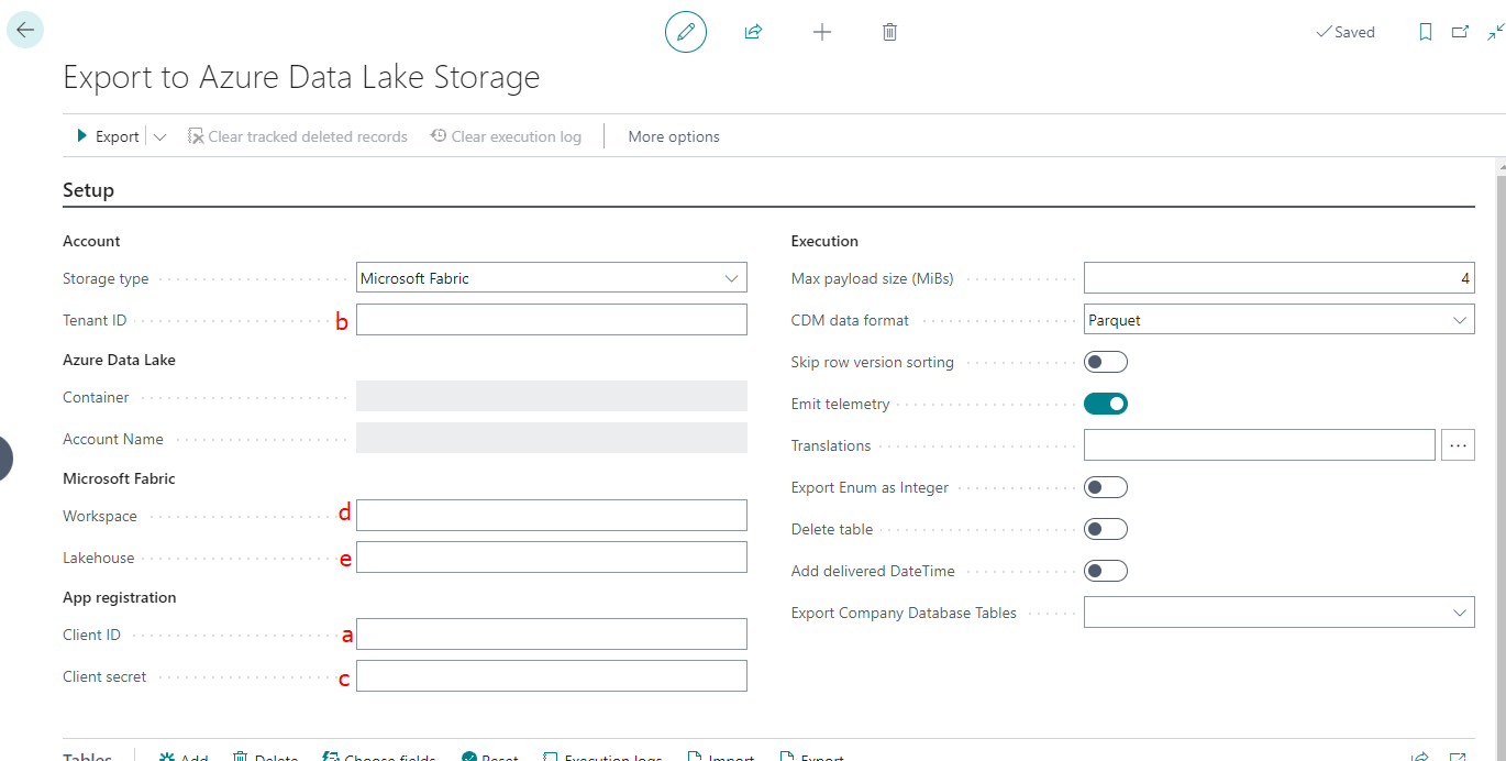 Export to Azure Data Lake Storage setup page in Business Central with Microsoft Fabric selected
