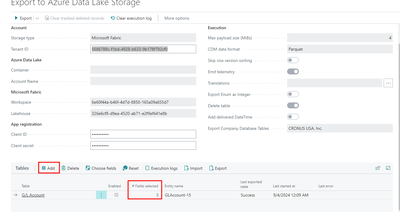 Selecting Business Central tables and fields to export with bc2adls