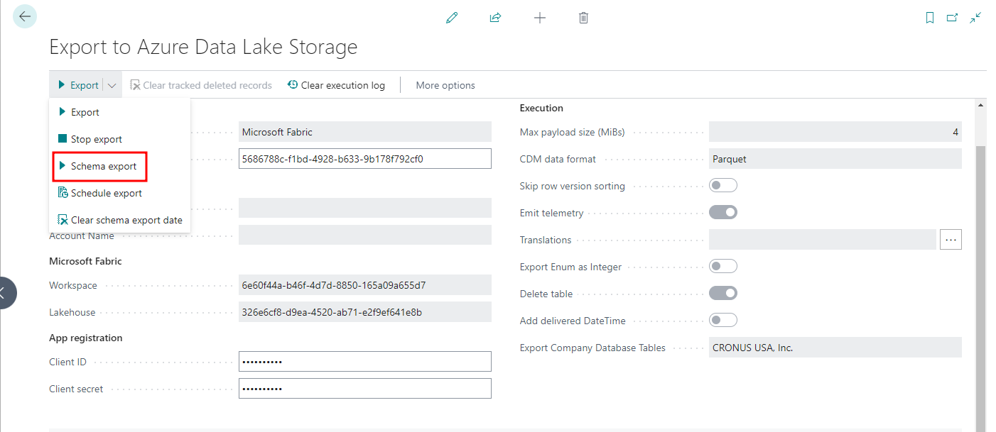 Running the bc2adls schema export from Business Central