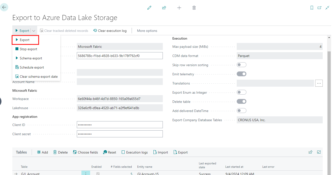 Running the bc2adls data export from Business Central to the Fabric lakehouse