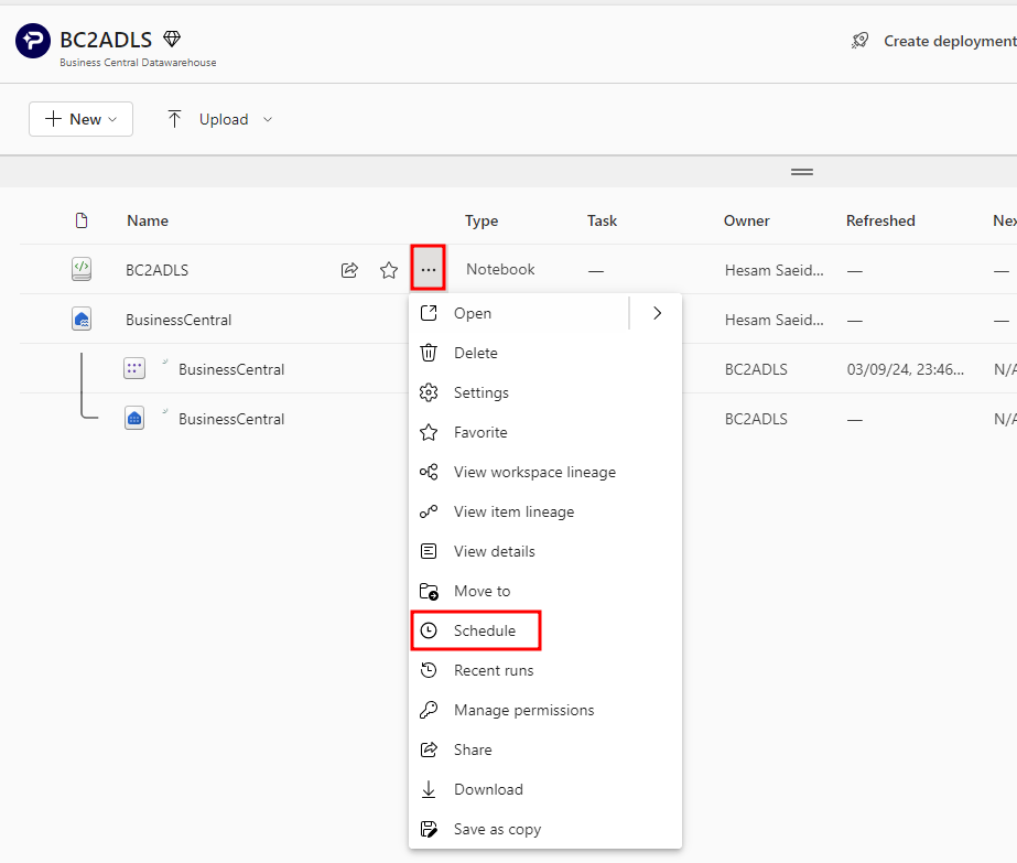 Scheduling the bc2adls notebook in Microsoft Fabric to run after each export
