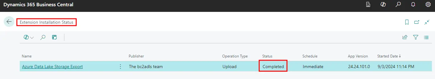 Extension Installation Status in Business Central showing the bc2adls extension installed