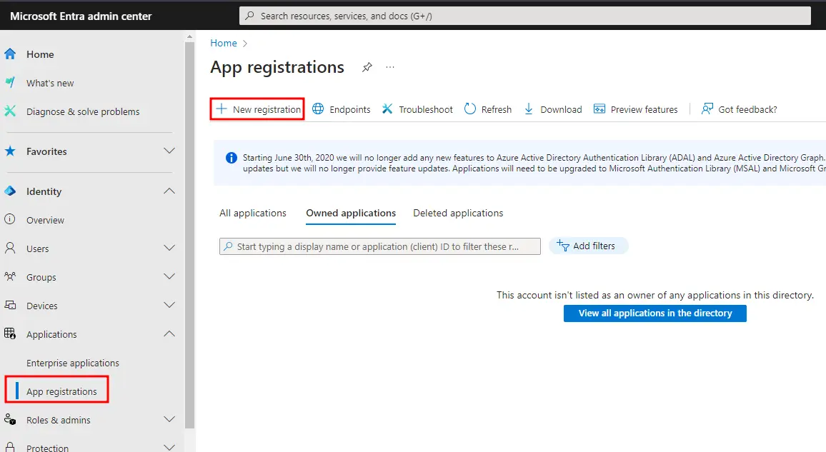 Registering a new application named bc2adls in the Microsoft Entra admin center