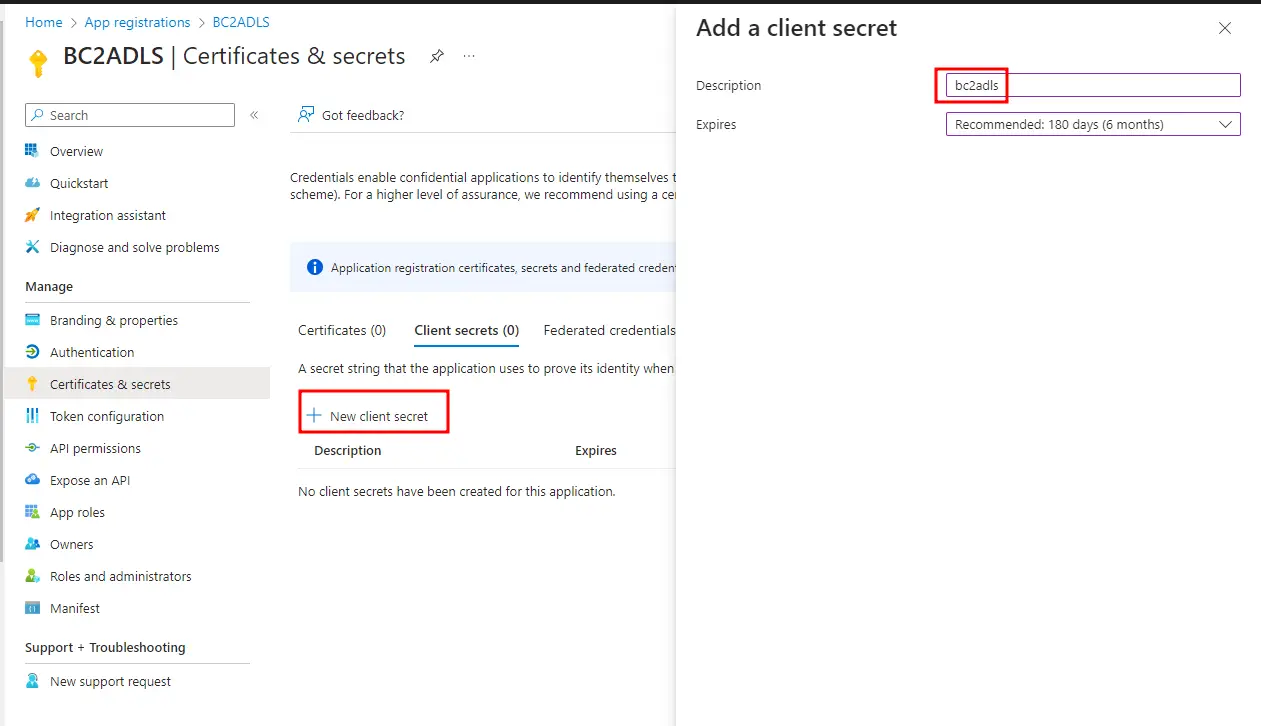 Certificates and secrets page of the bc2adls app registration in Microsoft Entra