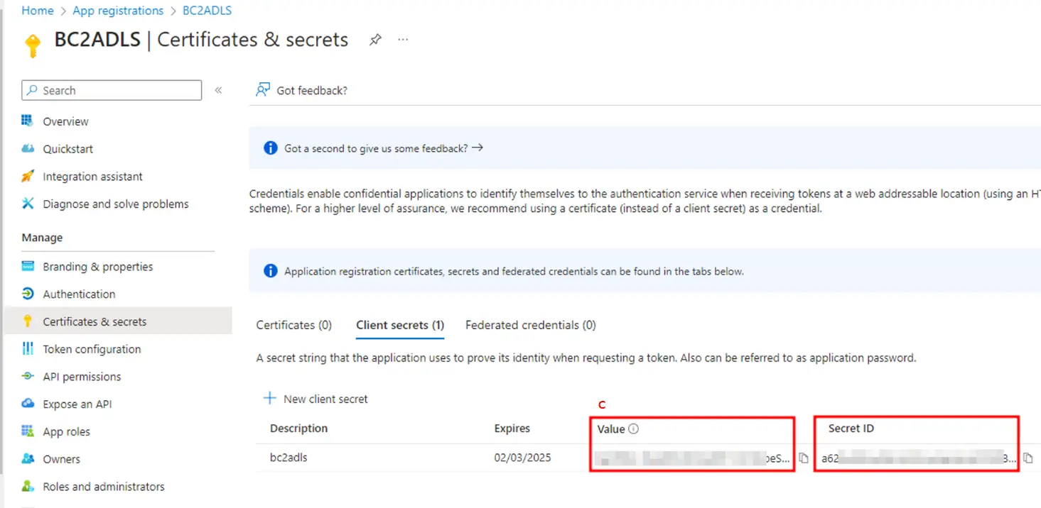New client secret created for the bc2adls app, with the secret value to copy