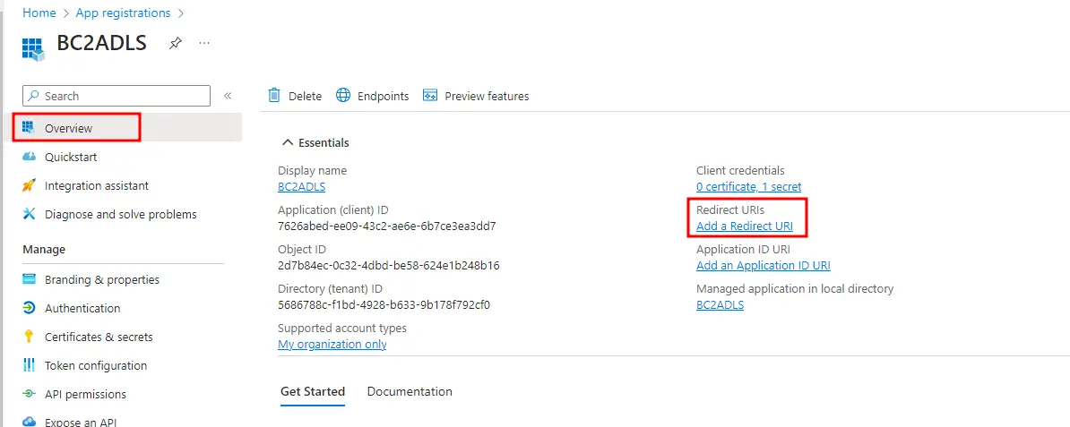 Authentication settings of the bc2adls app registration in Microsoft Entra