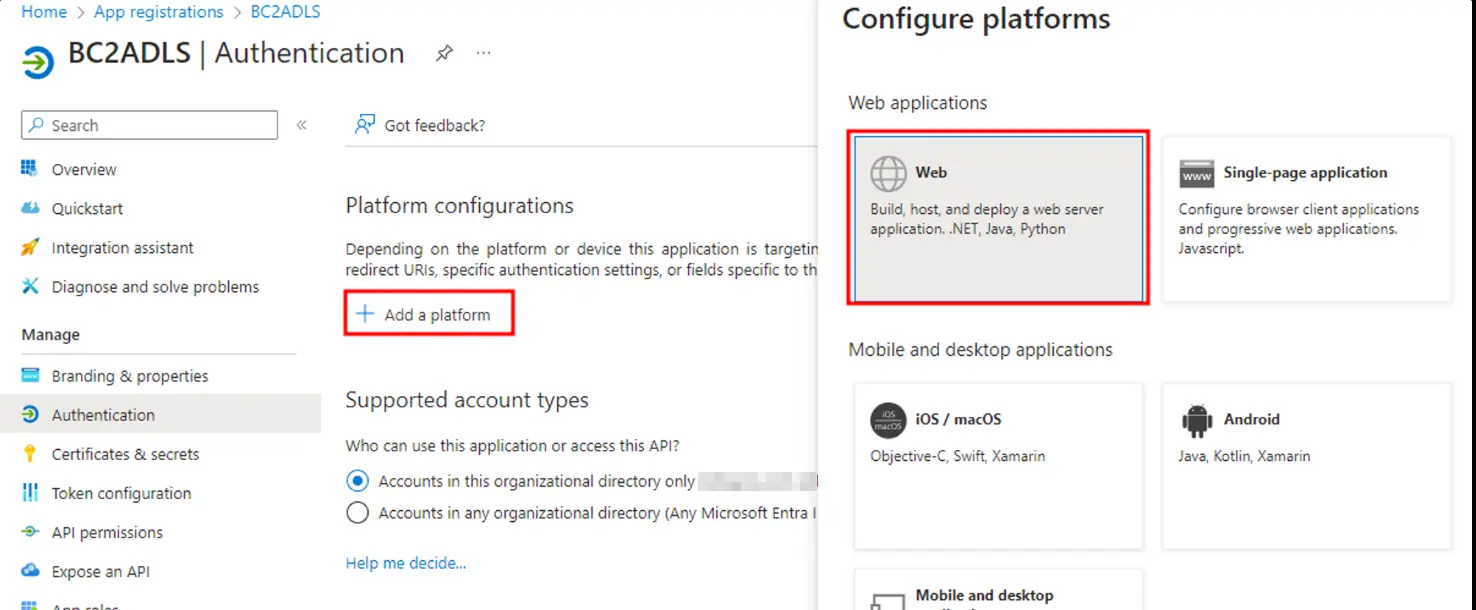 Adding a Web platform redirect URI to the bc2adls app registration