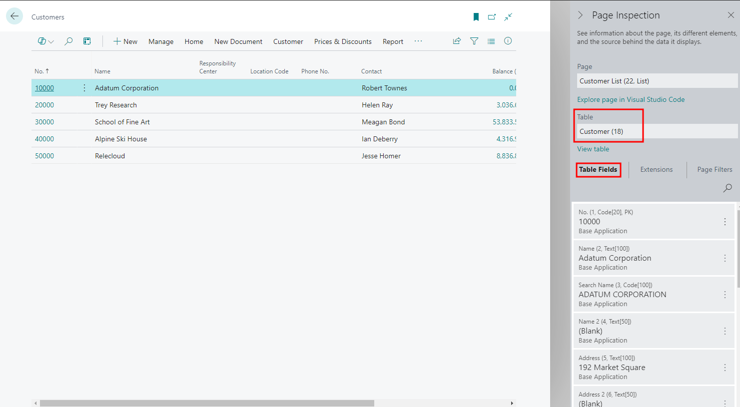 Page Inspection pane in Business Central showing the Customer table and its fields